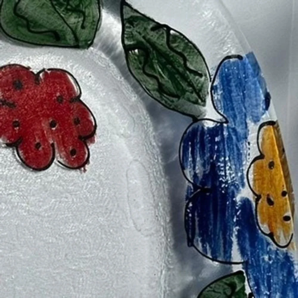 Retired Crate & Barrel Painted Floral Glass Platter Oval Serving Clear Glass 15